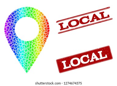 Spectrum dotted local place and red grunge stamps. Vector geographic map in bright spectrum gradient colors on a white background.
