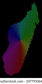 Spectrum dotted Madagascar Island Map. Vector geographic map in bright spectral colors with circular gradient on a black background.