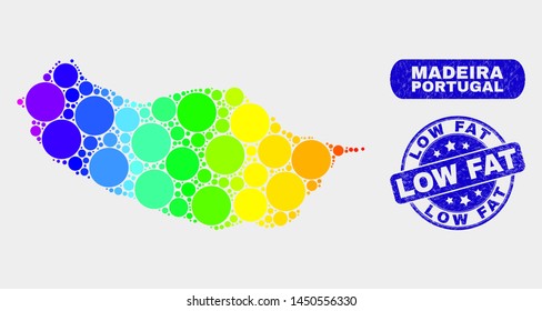 Spectrum dotted Madeira map and seal stamps. Blue rounded Low Fat distress seal stamp. Gradiented spectral Madeira map mosaic of scattered round spots. Low Fat seal stamp with distress surface.
