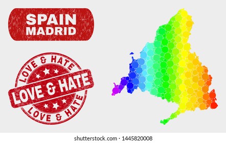Spectrum dotted Madrid Province map and stamps. Red round Love & Hate distress seal stamp. Gradient spectral Madrid Province map mosaic of scattered round elements.