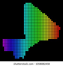Spectrum dotted Mali Map. Vector geographic map in bright colors on a black background. Colorful vector composition of Mali Map combined of small squares.