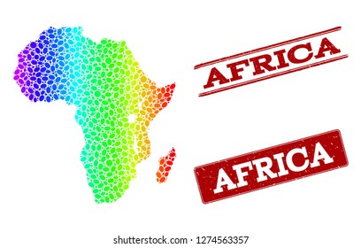 Spectrum dotted map of Africa and red grunge stamps. Vector geographic map in bright spectrum gradient colors on a white background.
