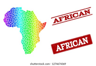 Spectrum dotted map of Africa and red grunge stamps. Vector geographic map in bright spectrum gradient colors on a white background.
