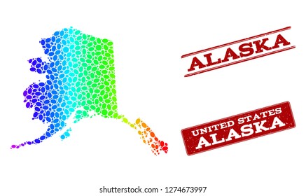 Spectrum dotted map of Alaska State and red grunge stamps. Vector geographic map in bright spectrum gradient colors on a white background.