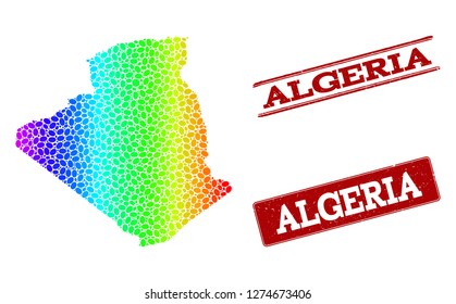 Spectrum dotted map of Algeria and red grunge stamps. Vector geographic map in bright spectrum gradient colors on a white background.