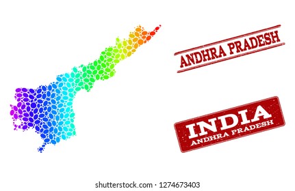 Spectrum dotted map of Andhra Pradesh State and red grunge stamps. Vector geographic map in bright spectrum gradient colors on a white background.