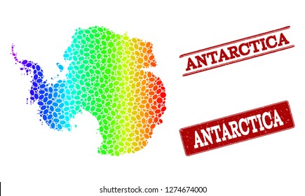 Spectrum dotted map of Antarctica and red grunge stamps. Vector geographic map in bright spectrum gradient colors on a white background.