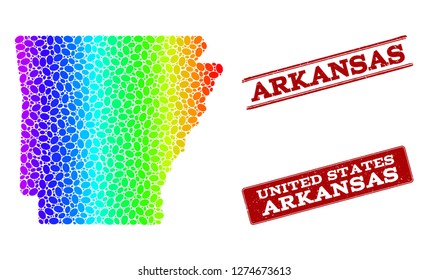 Spectrum dotted map of Arkansas State and red grunge stamps. Vector geographic map in bright spectrum gradient colors on a white background.