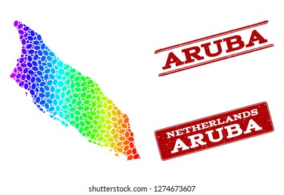 Spectrum dotted map of Aruba Island and red grunge stamps. Vector geographic map in bright spectrum gradient colors on a white background.
