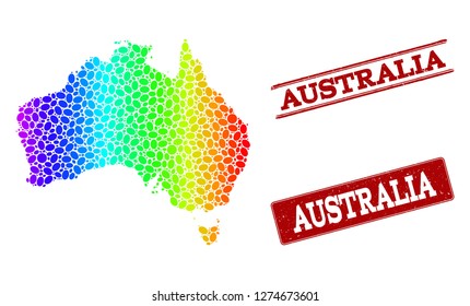 Spectrum dotted map of Australia and red grunge stamps. Vector geographic map in bright spectrum gradient colors on a white background.