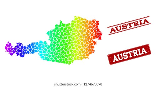 Spectrum dotted map of Austria and red grunge stamps. Vector geographic map in bright spectrum gradient colors on a white background.