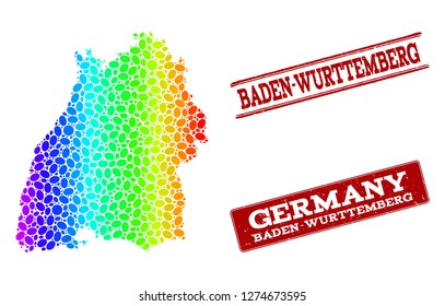 Spectrum dotted map of Baden-Wurttemberg State and red grunge stamps. Vector geographic map in bright spectrum gradient colors on a white background.