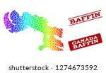 Spectrum dotted map of Baffin Island and red grunge stamps. Vector geographic map in bright spectrum gradient colors on a white background.