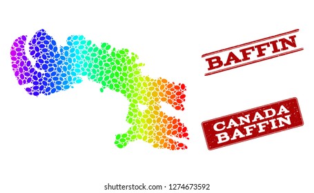 Spectrum dotted map of Baffin Island and red grunge stamps. Vector geographic map in bright spectrum gradient colors on a white background.