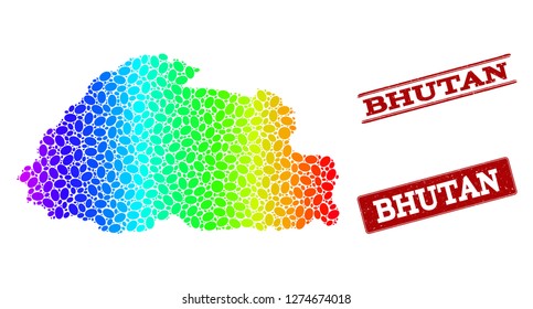 Spectrum dotted map of Bhutan and red grunge stamps. Vector geographic map in bright spectrum gradient colors on a white background.