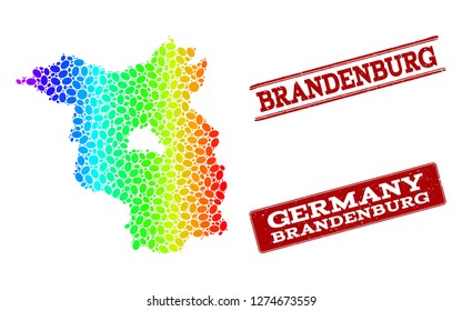 Spectrum dotted map of Brandenburg State and red grunge stamps. Vector geographic map in bright spectrum gradient colors on a white background.
