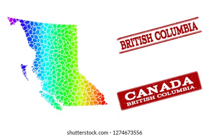 Spectrum dotted map of British Columbia Province and red grunge stamps. Vector geographic map in bright spectrum gradient colors on a white background.