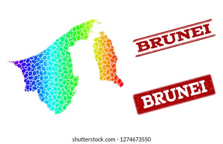 Spectrum dotted map of Brunei and red grunge stamps. Vector geographic map in bright spectrum gradient colors on a white background.