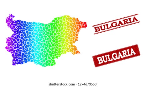 Spectrum dotted map of Bulgaria and red grunge stamps. Vector geographic map in bright spectrum gradient colors on a white background.