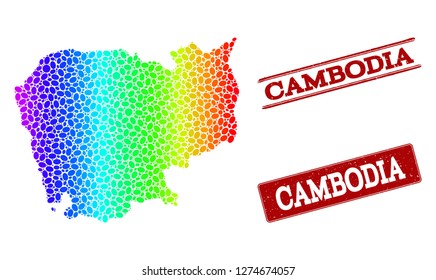 Spectrum dotted map of Cambodia and red grunge stamps. Vector geographic map in bright spectrum gradient colors on a white background.