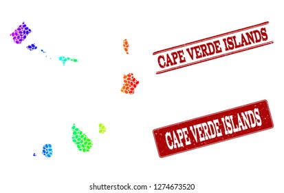 Spectrum dotted map of Cape Verde Islands and red grunge stamps. Vector geographic map in bright spectrum gradient colors on a white background.