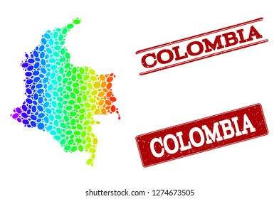 Spectrum dotted map of Colombia and red grunge stamps. Vector geographic map in bright spectrum gradient colors on a white background.