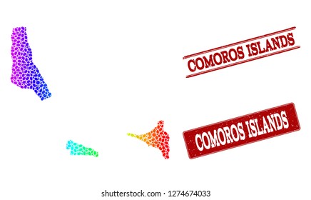 Spectrum dotted map of Comoros Islands and red grunge stamps. Vector geographic map in bright spectrum gradient colors on a white background.