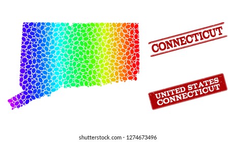 Spectrum dotted map of Connecticut State and red grunge stamps. Vector geographic map in bright spectrum gradient colors on a white background.