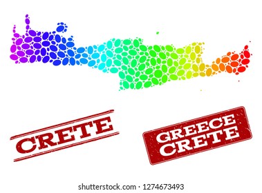 Spectrum dotted map of Crete Island and red grunge stamps. Vector geographic map in bright spectrum gradient colors on a white background.