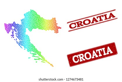 Spectrum dotted map of Croatia and red grunge stamps. Vector geographic map in bright spectrum gradient colors on a white background.