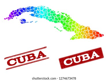 Spectrum dotted map of Cuba and red grunge stamps. Vector geographic map in bright spectrum gradient colors on a white background.
