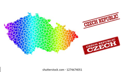 Spectrum dotted map of Czech Republic and red grunge stamps. Vector geographic map in bright spectrum gradient colors on a white background.