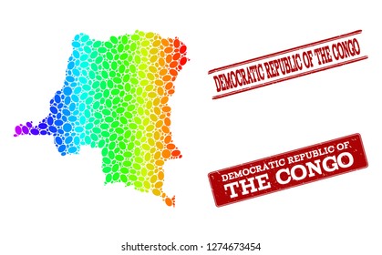 Spectrum dotted map of Democratic Republic of the Congo and red grunge stamps. Vector geographic map in bright spectrum gradient colors on a white background.