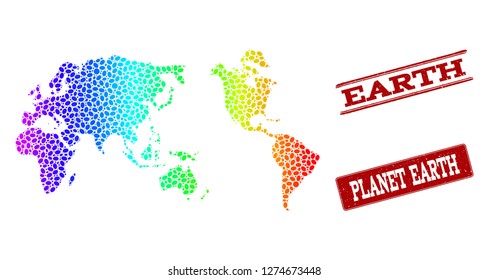 Spectrum dotted map of Earth and red grunge stamps. Vector geographic map in bright spectrum gradient colors on a white background.