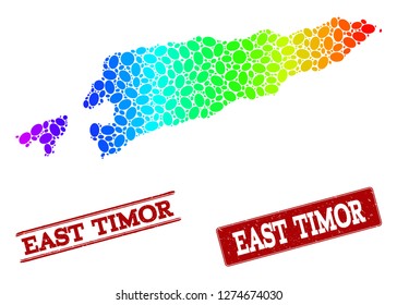 Spectrum dotted map of East Timor and red grunge stamps. Vector geographic map in bright spectrum gradient colors on a white background.