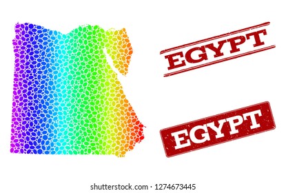 Spectrum dotted map of Egypt and red grunge stamps. Vector geographic map in bright spectrum gradient colors on a white background.