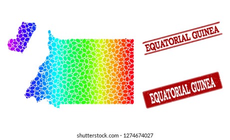 Spectrum dotted map of Equatorial Guinea and red grunge stamps. Vector geographic map in bright spectrum gradient colors on a white background.