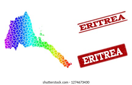 Spectrum dotted map of Eritrea and red grunge stamps. Vector geographic map in bright spectrum gradient colors on a white background.