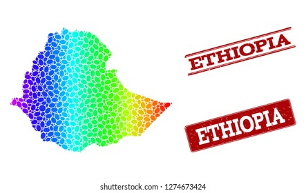 Spectrum dotted map of Ethiopia and red grunge stamps. Vector geographic map in bright spectrum gradient colors on a white background.