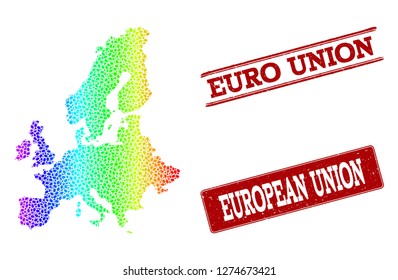 Spectrum dotted map of Euro Union and red grunge stamps. Vector geographic map in bright spectrum gradient colors on a white background.