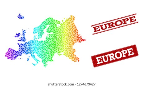 Spectrum dotted map of Europe and red grunge stamps. Vector geographic map in bright spectrum gradient colors on a white background.