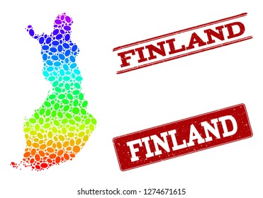 Spectrum dotted map of Finland and red grunge stamps. Vector geographic map in bright spectrum gradient colors on a white background.