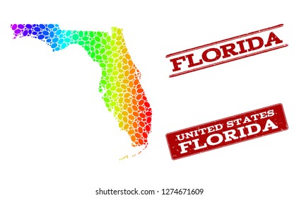 Spectrum dotted map of Florida State and red grunge stamps. Vector geographic map in bright spectrum gradient colors on a white background.