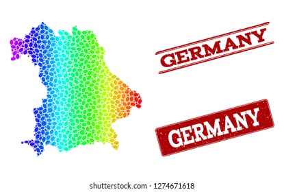 Spectrum dotted map of Germany and red grunge stamps. Vector geographic map in bright spectrum gradient colors on a white background.