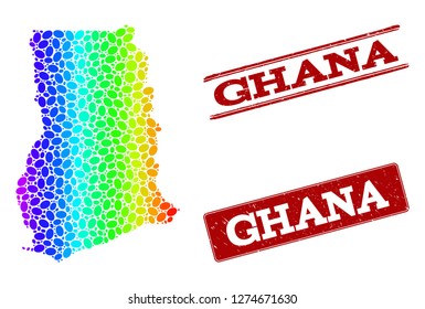 Spectrum dotted map of Ghana and red grunge stamps. Vector geographic map in bright spectrum gradient colors on a white background.