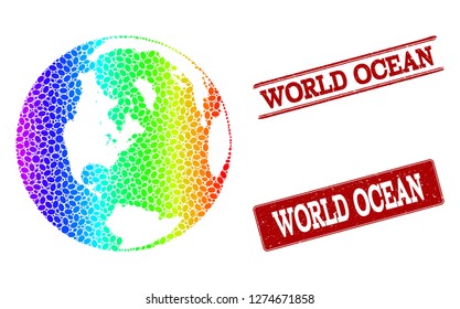 Spectrum dotted map of global ocean and red grunge stamps. Vector geographic map in bright spectrum gradient colors on a white background.