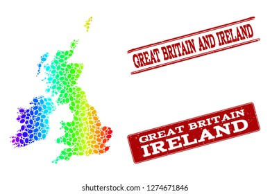 Spectrum dotted map of Great Britain and Ireland and red grunge stamps. Vector geographic map in bright spectrum gradient colors on a white background.