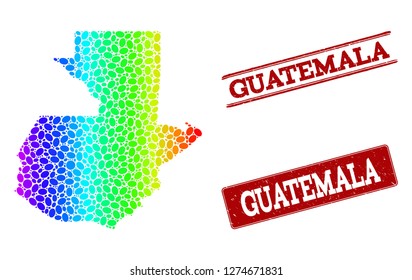 Spectrum dotted map of Guatemala and red grunge stamps. Vector geographic map in bright spectrum gradient colors on a white background.