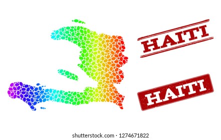 Spectrum dotted map of Haiti and red grunge stamps. Vector geographic map in bright spectrum gradient colors on a white background.