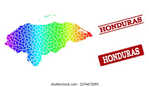 Spectrum dotted map of Honduras and red grunge stamps. Vector geographic map in bright spectrum gradient colors on a white background.
